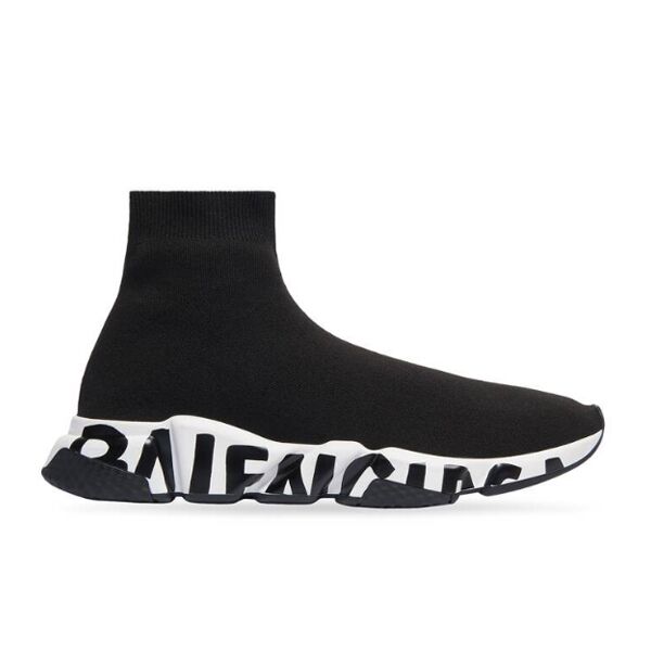 BALENCIAGA SPEED RECYCLED KNIT GRAFFITI SNEAKER IN BLACK/WHITE - BLA051