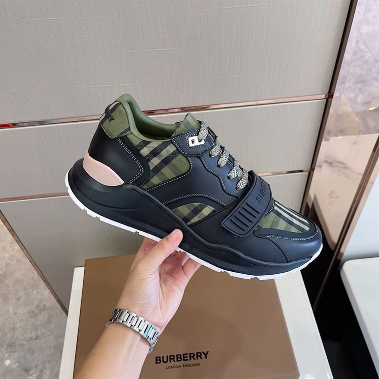 BURBERRY CHECK LACE-UP SNEAKERS IN MILITARY GREEN - BBR008