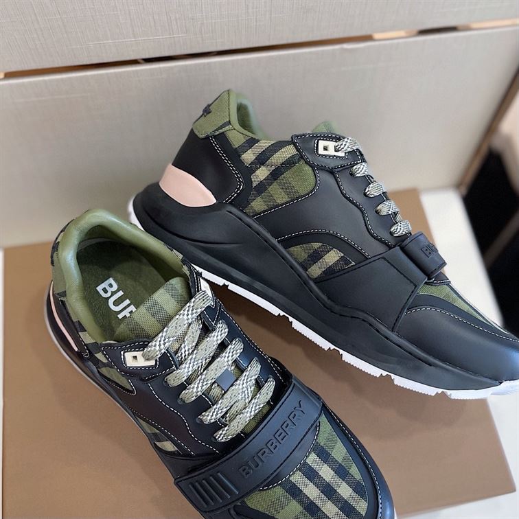 BURBERRY CHECK LACE-UP SNEAKERS IN MILITARY GREEN - BBR008