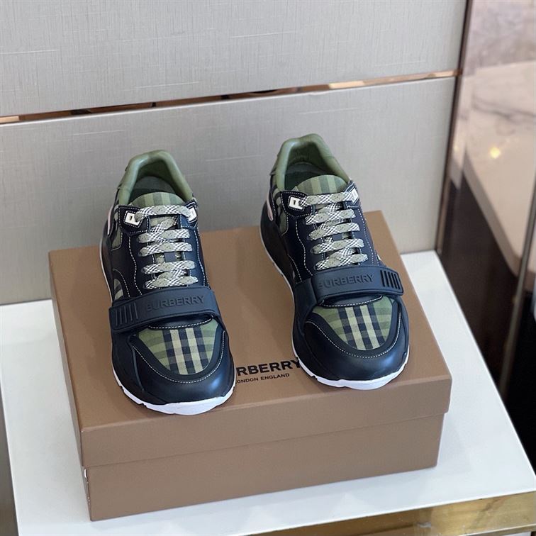 BURBERRY CHECK LACE-UP SNEAKERS IN MILITARY GREEN - BBR008