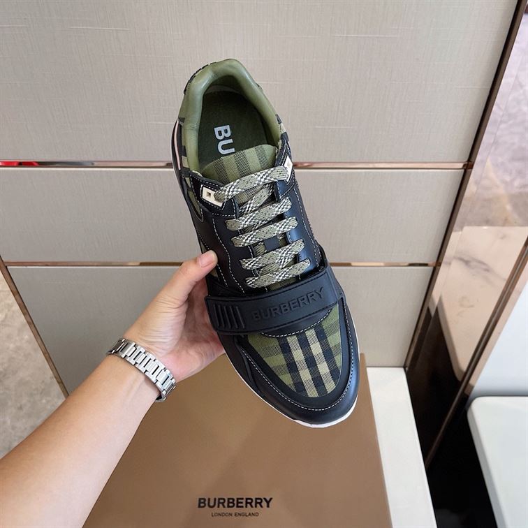 BURBERRY CHECK LACE-UP SNEAKERS IN MILITARY GREEN - BBR008
