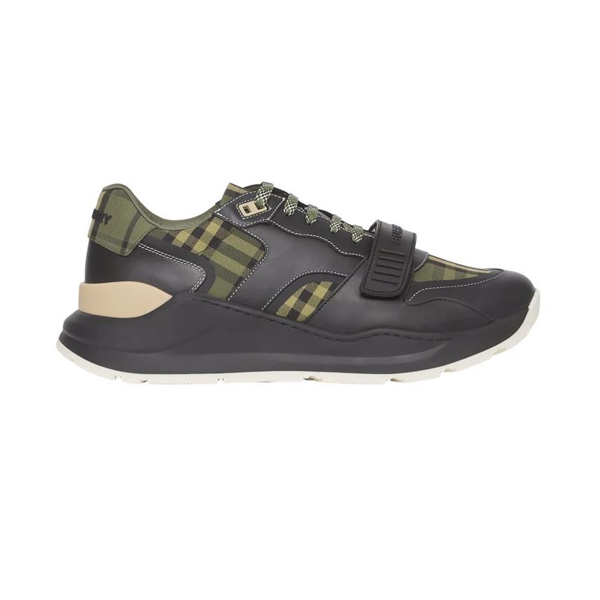 BURBERRY CHECK LACE-UP SNEAKERS IN MILITARY GREEN - BBR008