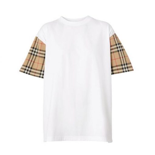 BURBERRY CHECK SLEEVE COTTON OVERSIZED T-SHIRT IN WHITE - BRS010