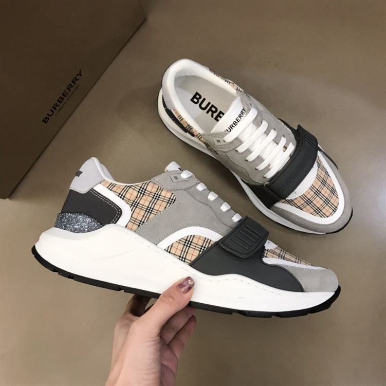 BURBERRY CHECK, SUEDE AND LEATHER SNEAKERS - BBR010