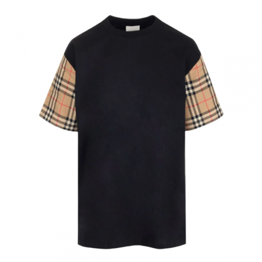 BURBERRY VINTAGE CHECK SLEEVE COTTON OVERSIZED T-SHIRT IN BLACK - BRS011