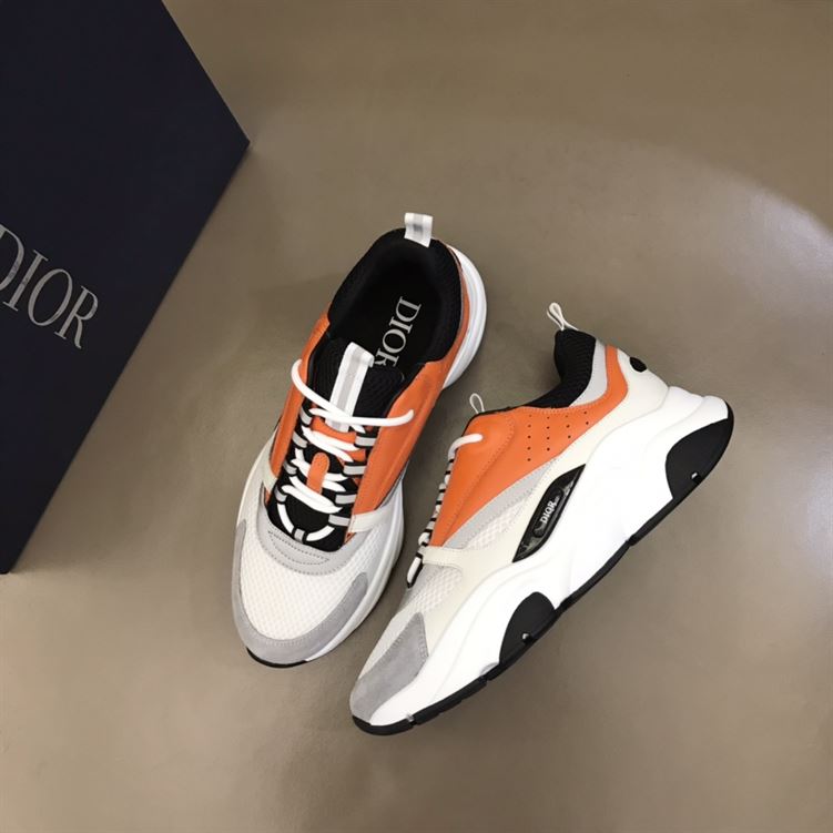 DIOR B22 SNEAKERS BLACK AND WHITE TECHNICAL MESH WITH ORANGE AND WHITE SMOOTH CALFSKIN - DO003
