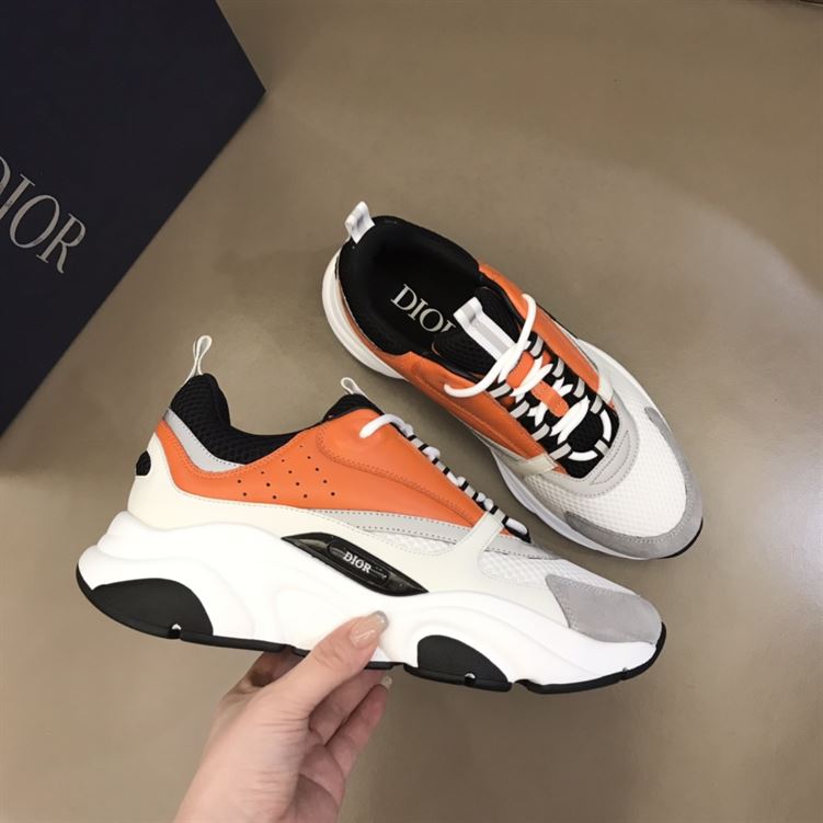 DIOR B22 SNEAKERS BLACK AND WHITE TECHNICAL MESH WITH ORANGE AND WHITE SMOOTH CALFSKIN - DO003