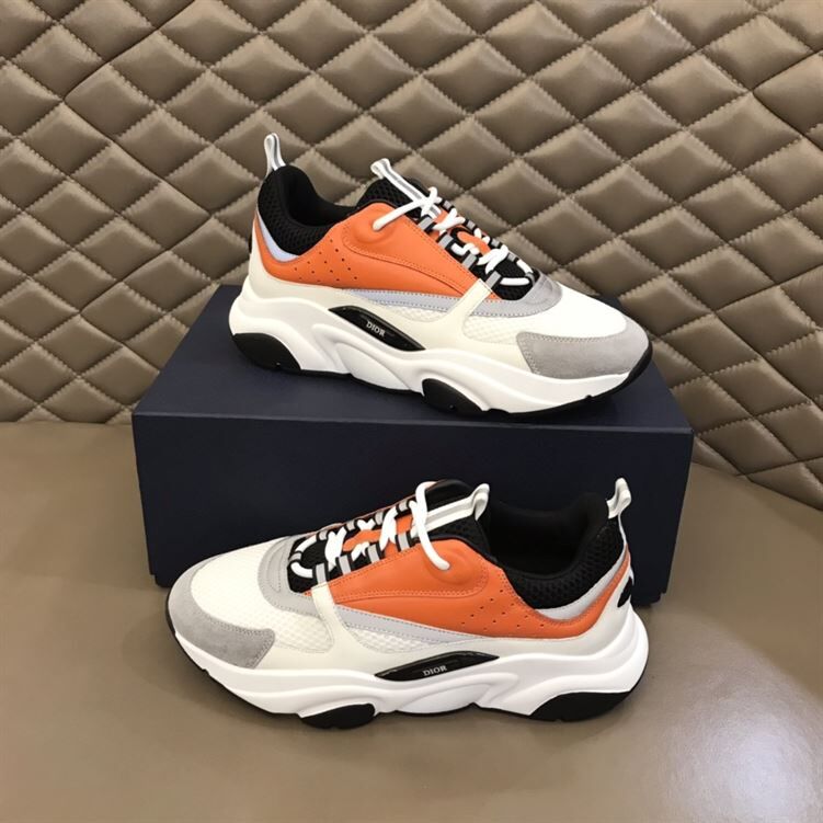 DIOR B22 SNEAKERS BLACK AND WHITE TECHNICAL MESH WITH ORANGE AND WHITE SMOOTH CALFSKIN - DO003