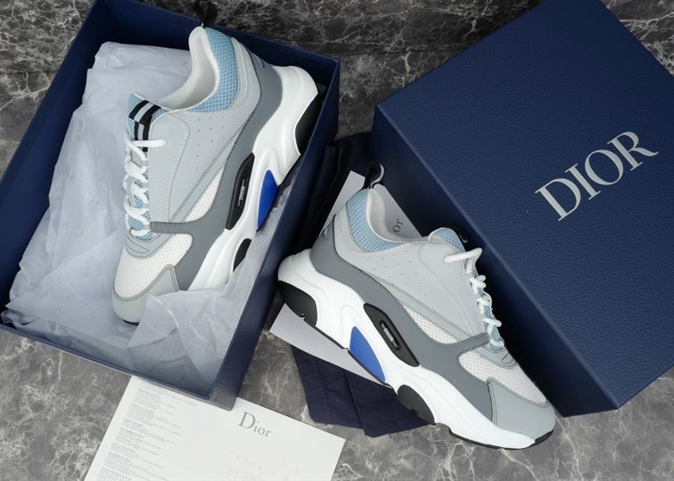 DIOR B22 SNEAKERS WHITE AND BLUE TECHNICAL MESH AND GRAY CALFSKIN - DO001