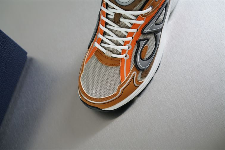 DIOR B30 SNEAKER CREAM MESH WITH ORANGE AND BROWN TECHNICAL FABRIC - DO072