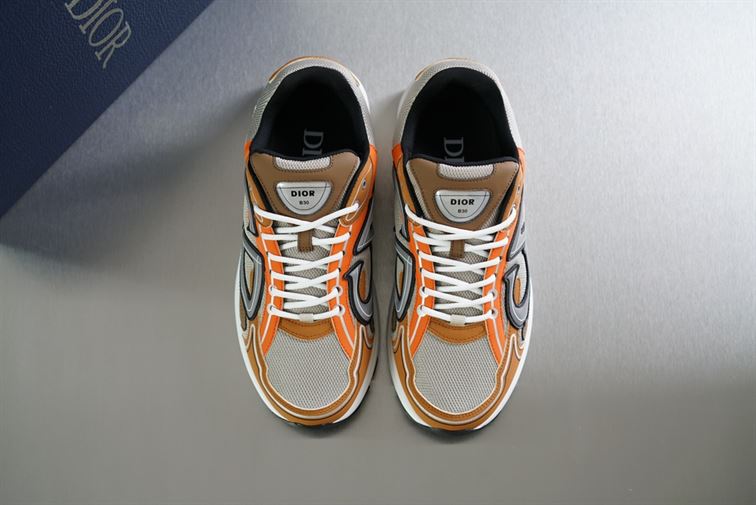 DIOR B30 SNEAKER CREAM MESH WITH ORANGE AND BROWN TECHNICAL FABRIC - DO072