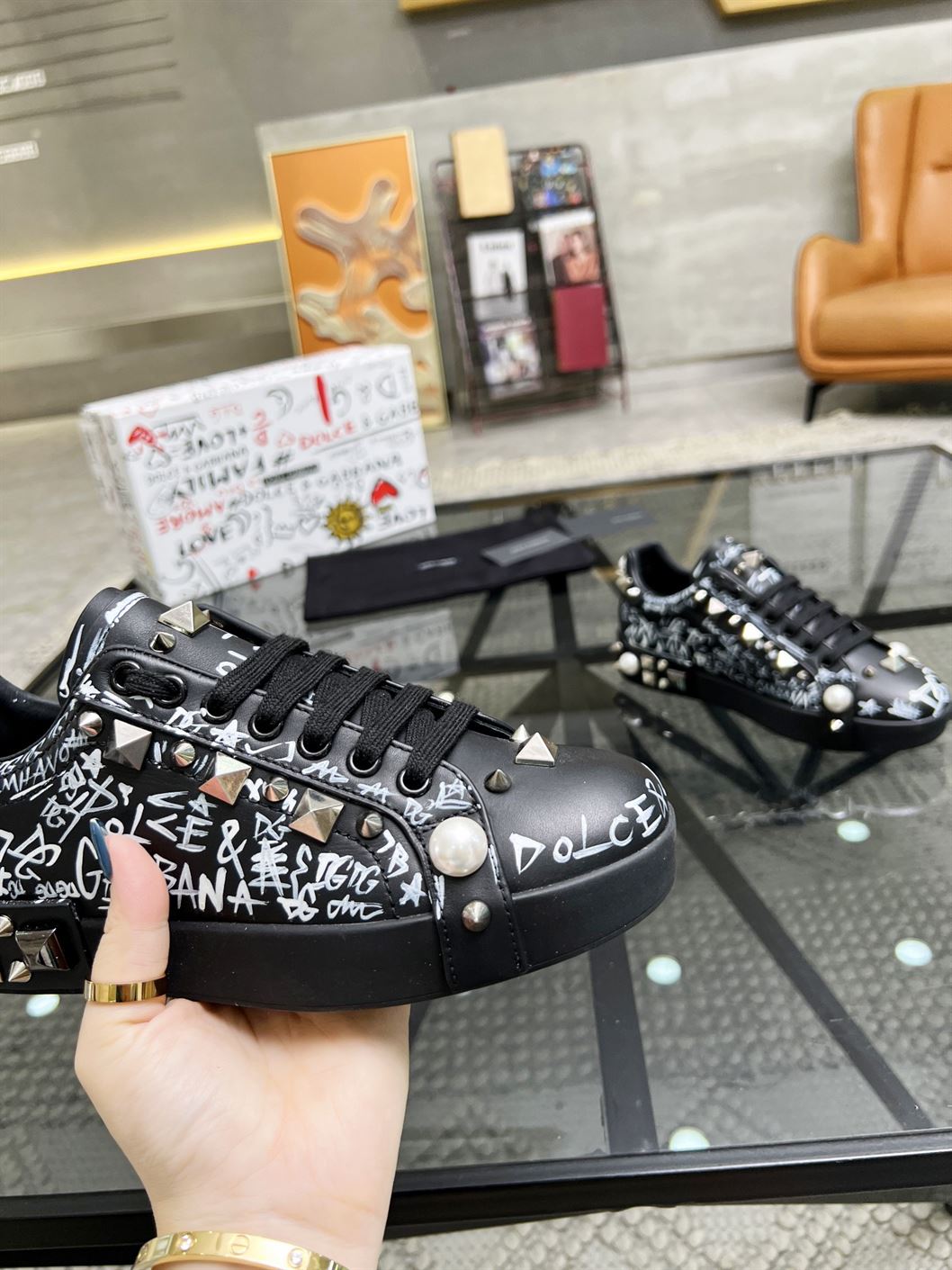 DOLCE & GABBANA CALFSKIN NAPPA PORTOFINO SNEAKERS WITH STUDS – DG018