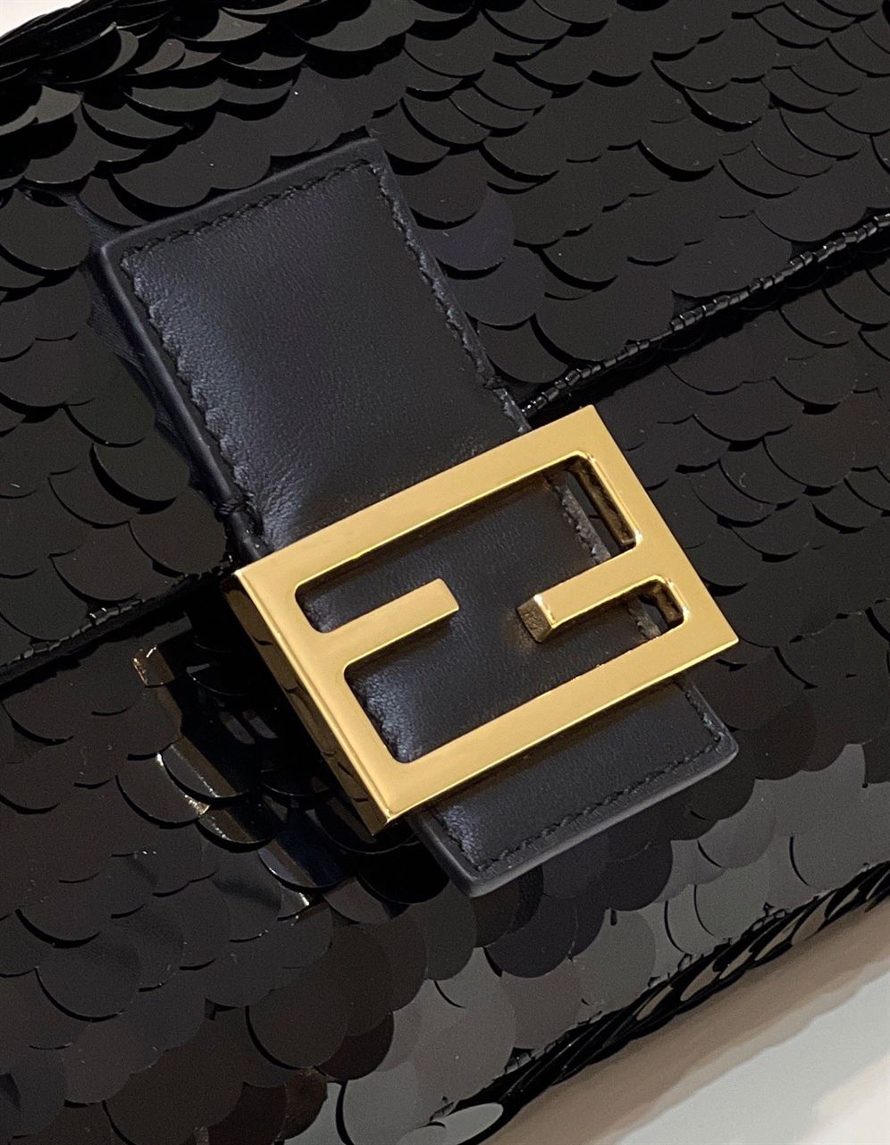 FENDI BAGUETTE BLACK SEQUIN AND LEATHER BAG