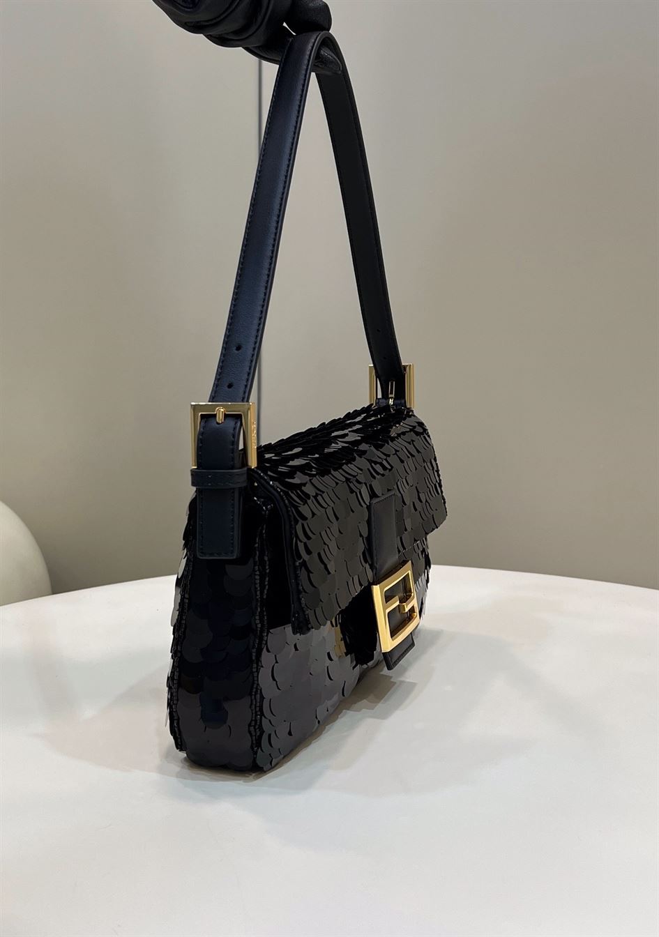 FENDI BAGUETTE BLACK SEQUIN AND LEATHER BAG