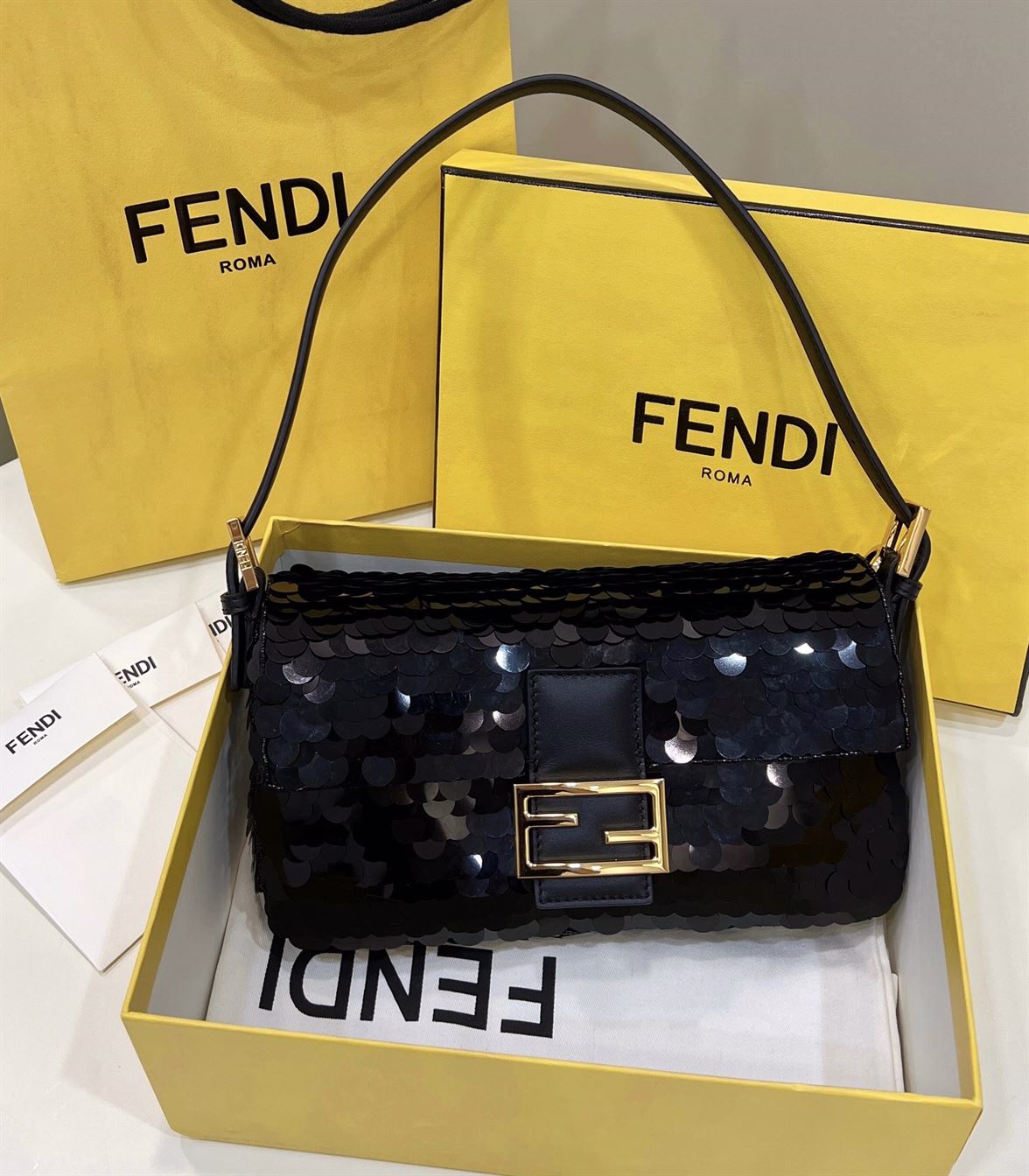 FENDI BAGUETTE BLACK SEQUIN AND LEATHER BAG