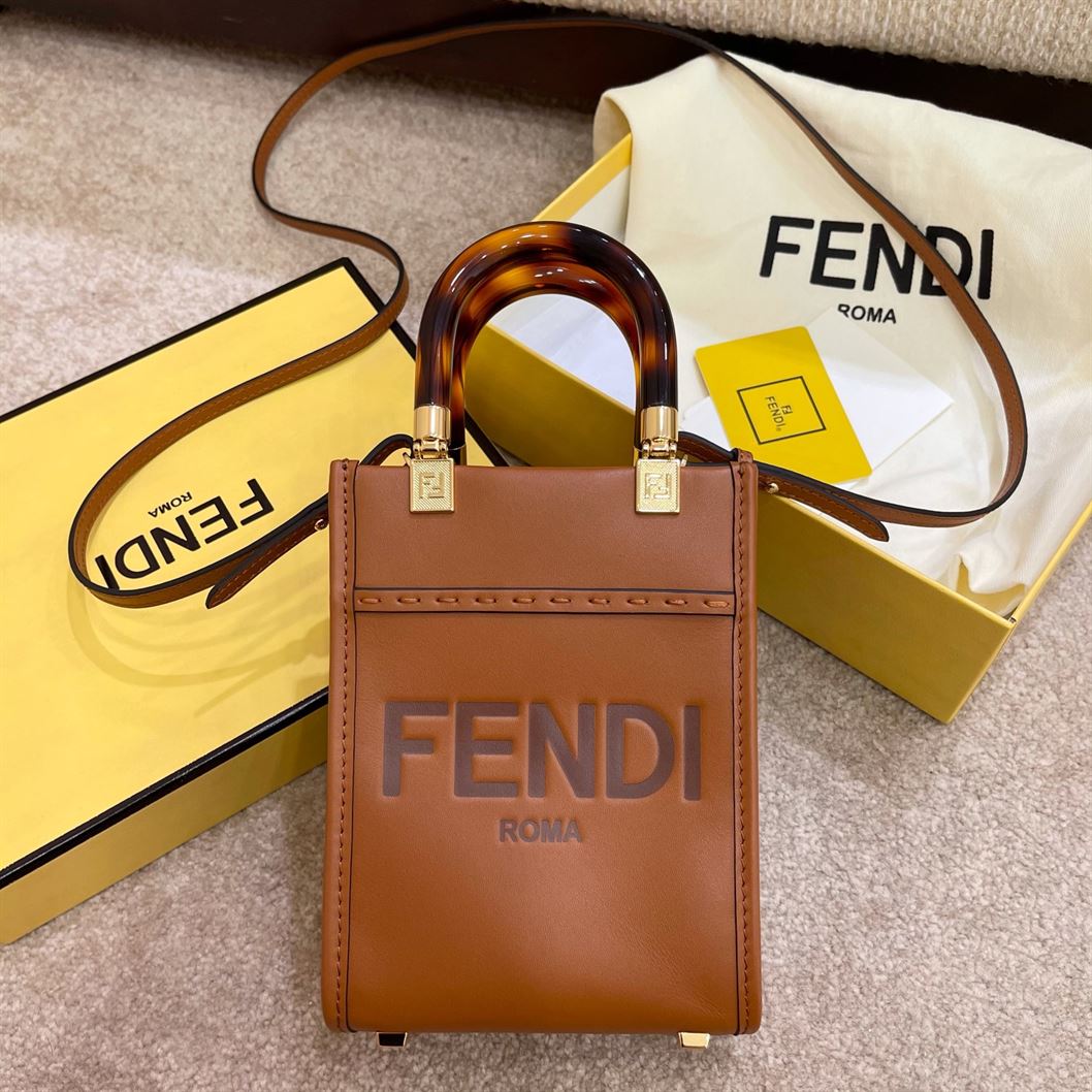 FENDI MINI SUNSHINE SHOPPER BROWN LEATHER MINI BAG