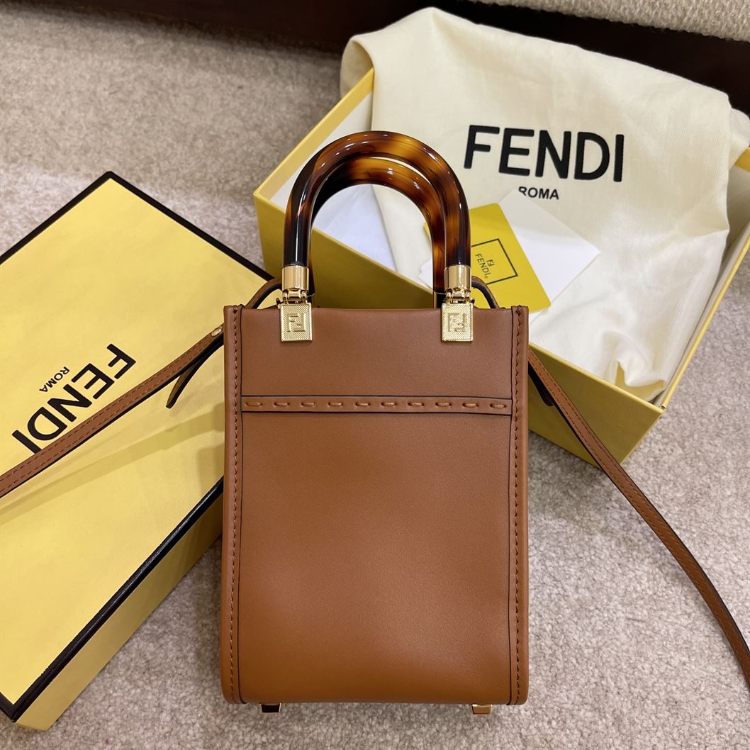 FENDI MINI SUNSHINE SHOPPER BROWN LEATHER MINI BAG