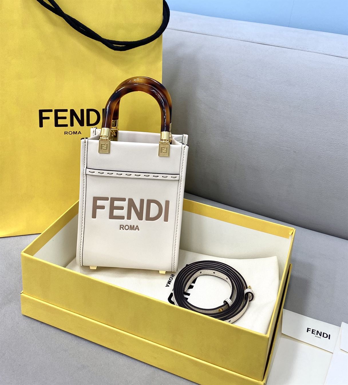 FENDI MINI SUNSHINE SHOPPER WHITE LEATHER MINI BAG