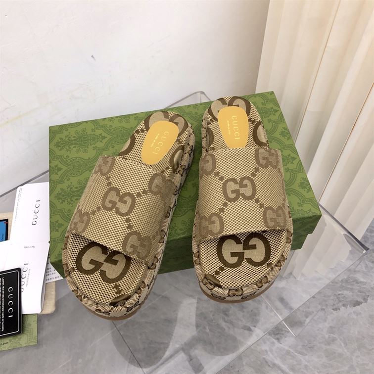 GUCCI ANGELINA LOGO-JACQUARD COATED-CANVAS PLATFORM SLIDES - GSL023