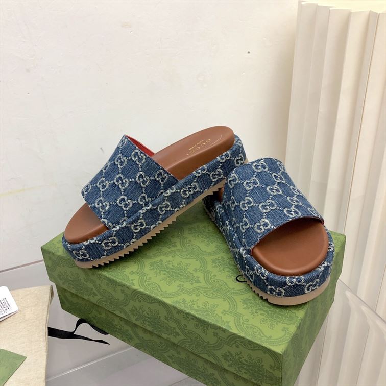 GUCCI ANGELINA LOGO-JACQUARD COATED-CANVAS PLATFORM SLIDES - GSL024