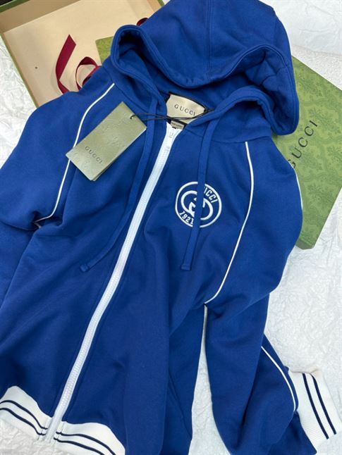 GUCCI BLUE COTTON JERSEY LOGO ZIPPED HOODIE - GCJ036