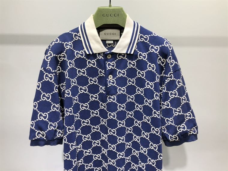 GUCCI DARK BLUE COTTON PIQUET GG STRETCH POLO - GGS013