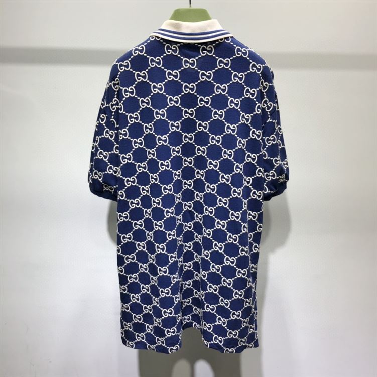 GUCCI DARK BLUE COTTON PIQUET GG STRETCH POLO - GGS013