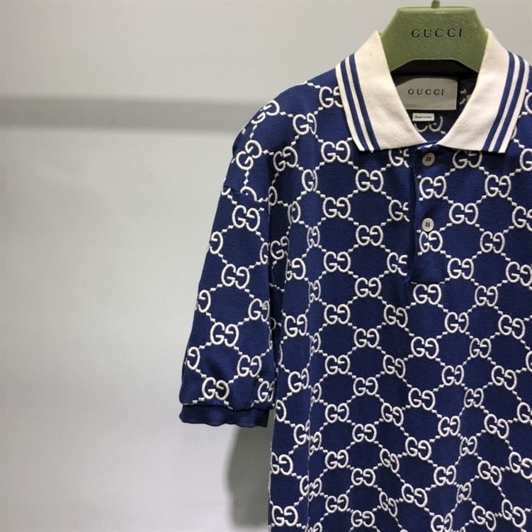 GUCCI DARK BLUE COTTON PIQUET GG STRETCH POLO - GGS013