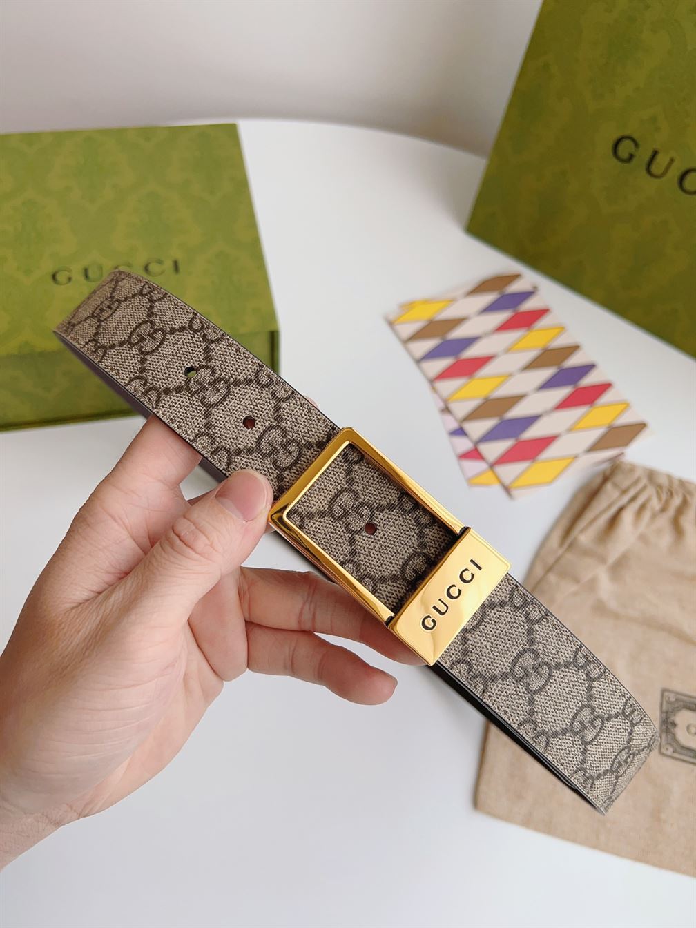 GUCCI GG BELT WITH RECTANGULAR BUCKLE - GB045