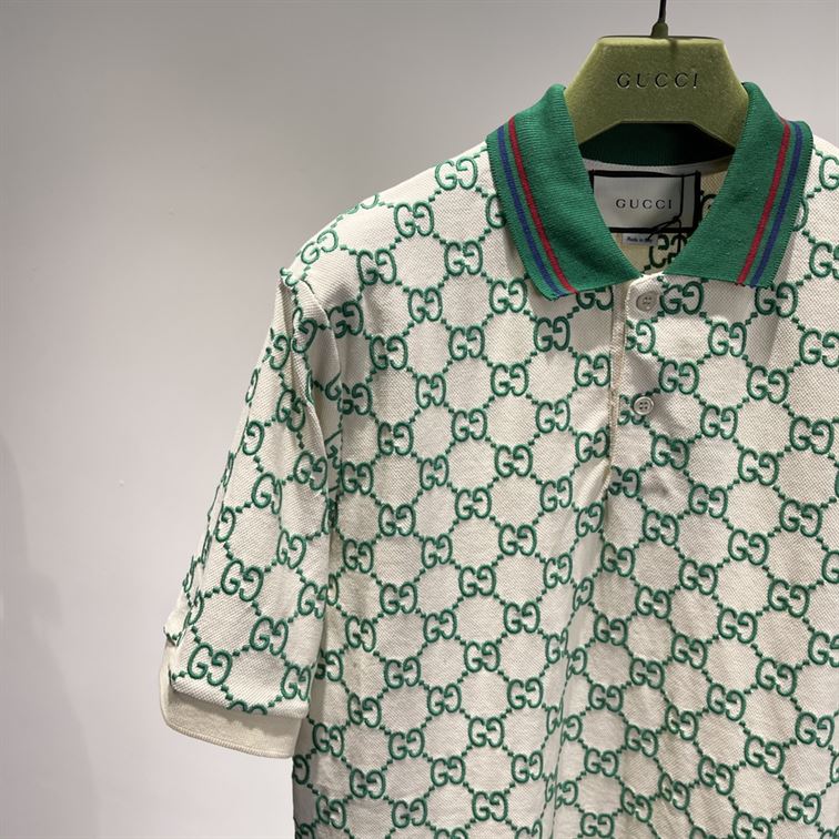 GUCCI GG STRETCH COTTON POLO IN OFF-WHITE AND GREEN - GGS007