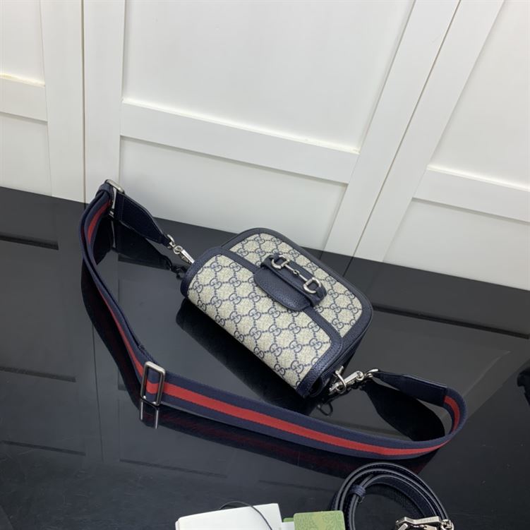 GUCCI HORSEBIT 1955 MINI BAG IN BEIGE AND BLUE GG SUPREME CANVAS