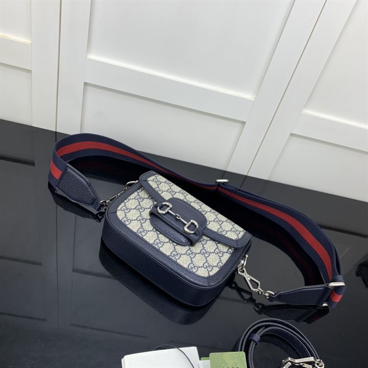 GUCCI HORSEBIT 1955 MINI BAG IN BEIGE AND BLUE GG SUPREME CANVAS
