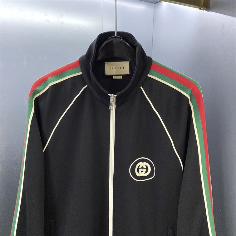 GUCCI LOGO APPLIQUED STRIPED TECH-JERSEY TRACK JACKET IN BLACK - GCJ017
