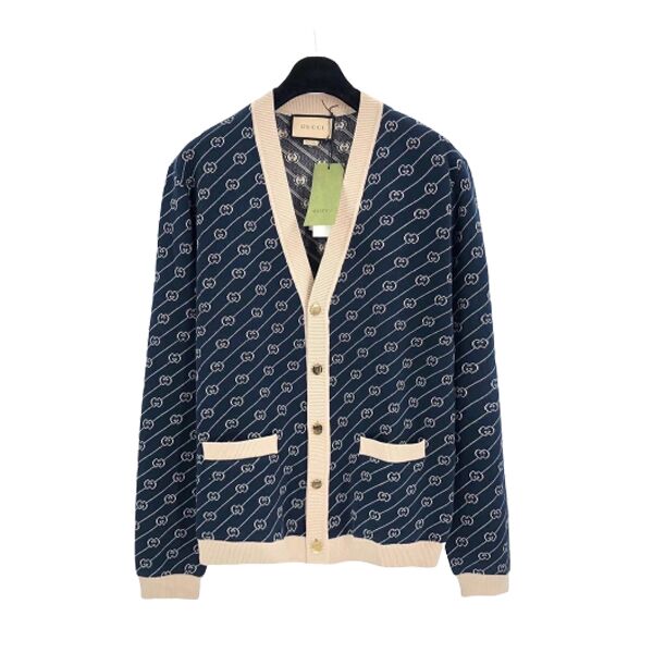 GUCCI NAVY & OFF-WHITE GG JACQUARD CARDIGAN - GCJ003