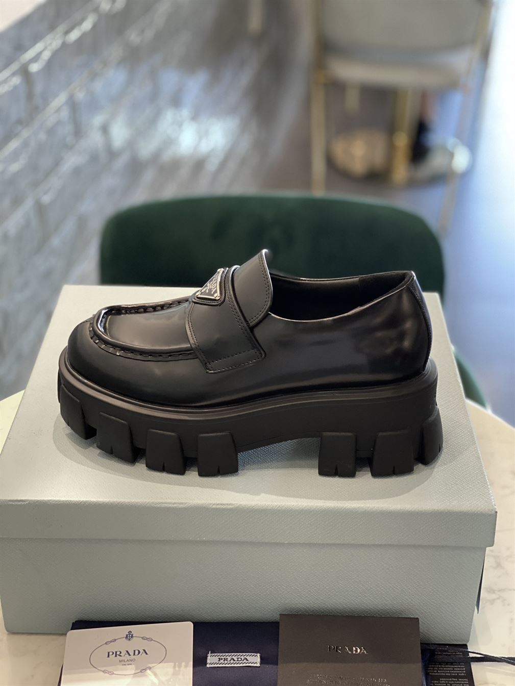 PRADA MONOLITH BRUSHED LEATHER LOAFERS - PRS034
