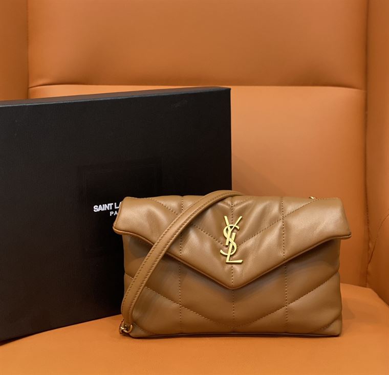 YSL PUFFER TOY BROWN BAG IN QUILTED LAMBSKIN