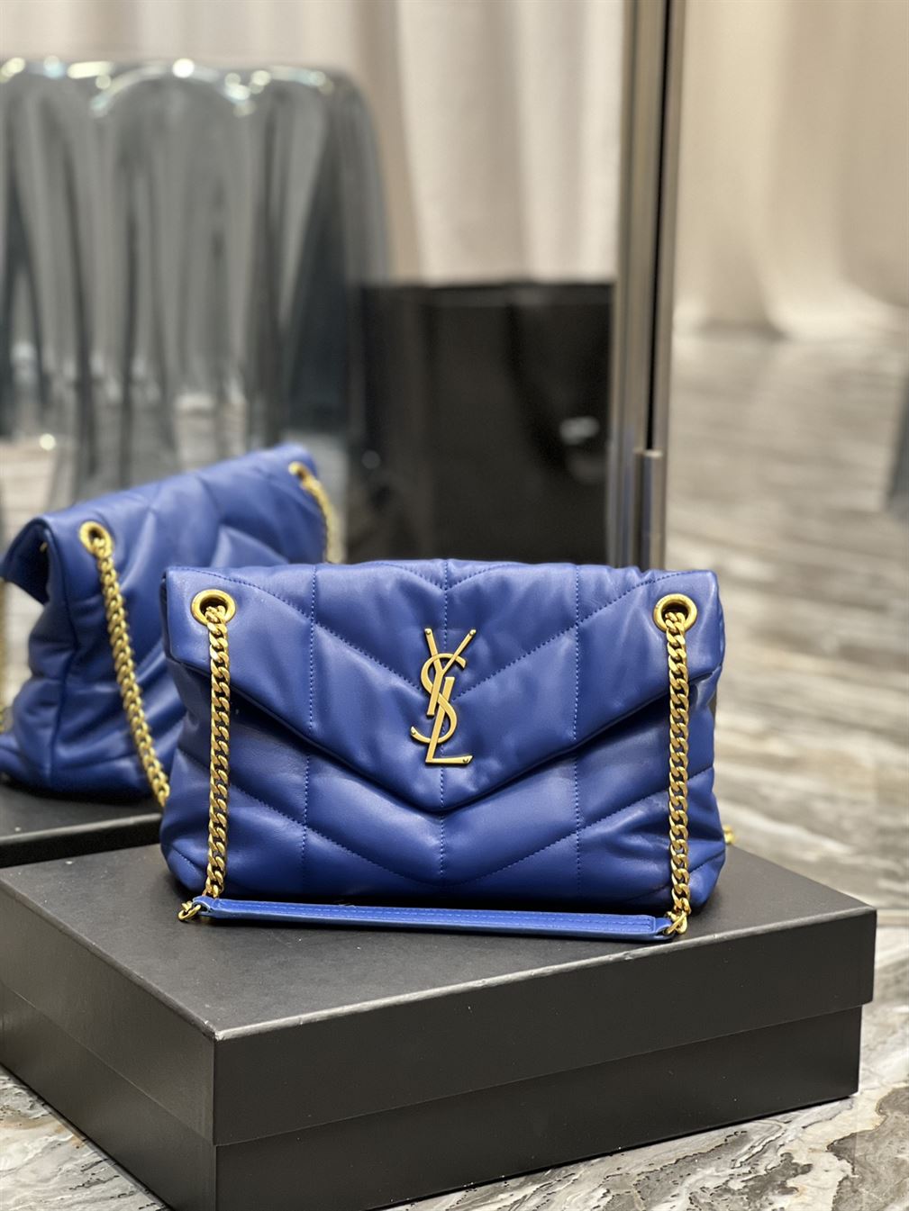 YSL SMALL PUFFER IN QUILTED NAPPA BLUE LEATHER