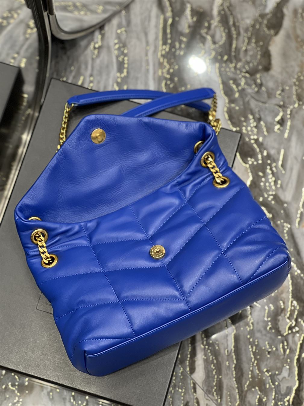 YSL SMALL PUFFER IN QUILTED NAPPA BLUE LEATHER