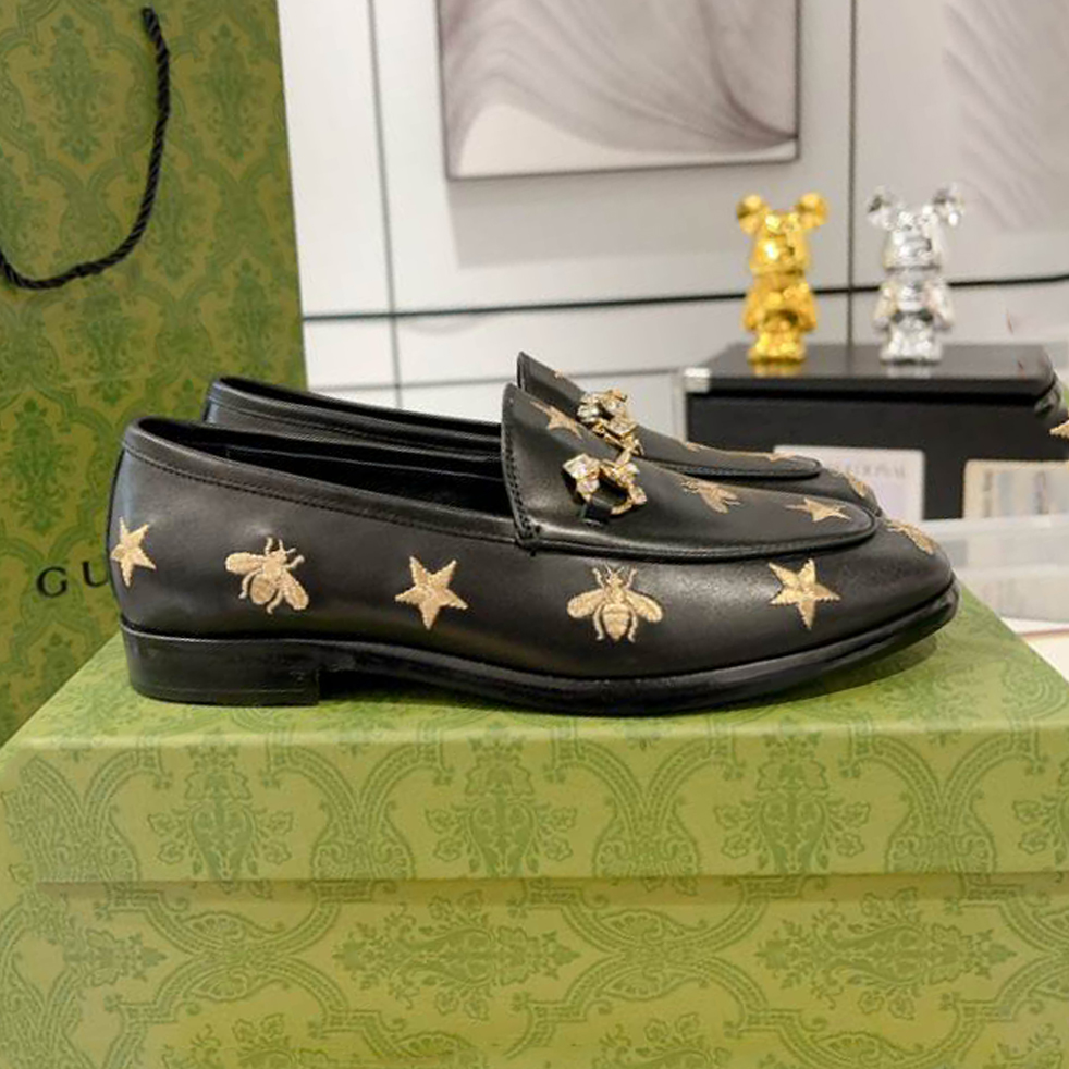 Gucci Jordaan Black Bee & Star Embroidered Leather Loafer - GL077