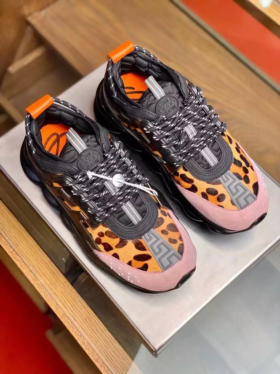 VERSACE WOMEN'S BLACK CHAIN REACTION SNEAKERS WITH LEOPARD PRINT - VSS027