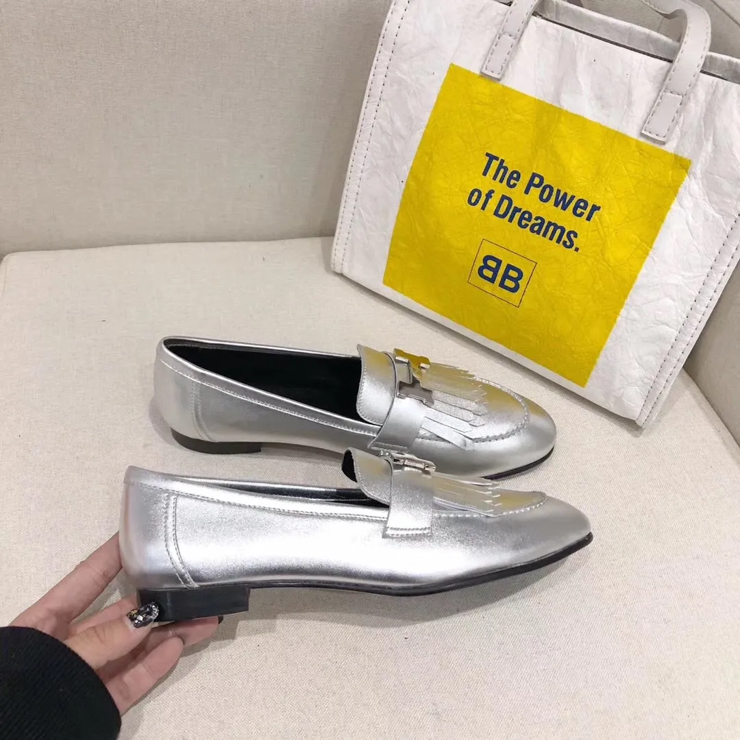 Hermes Women's Royal Loafers In Silver Metallic Lambskin - HM087 Hermes Women's Royal Loafers In Silver Metallic Lambskin