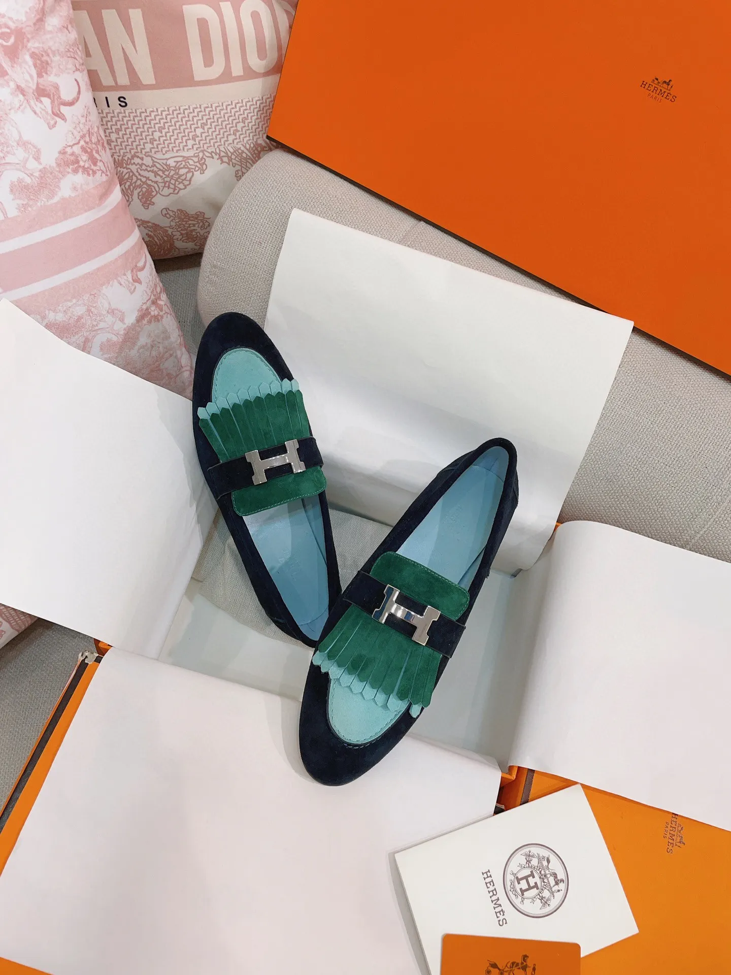 Hermes Women's Royal Loafers in Multicolor Suede Leather - HM079 Hermes Women's Royal Loafers in Multicolor Suede Leather