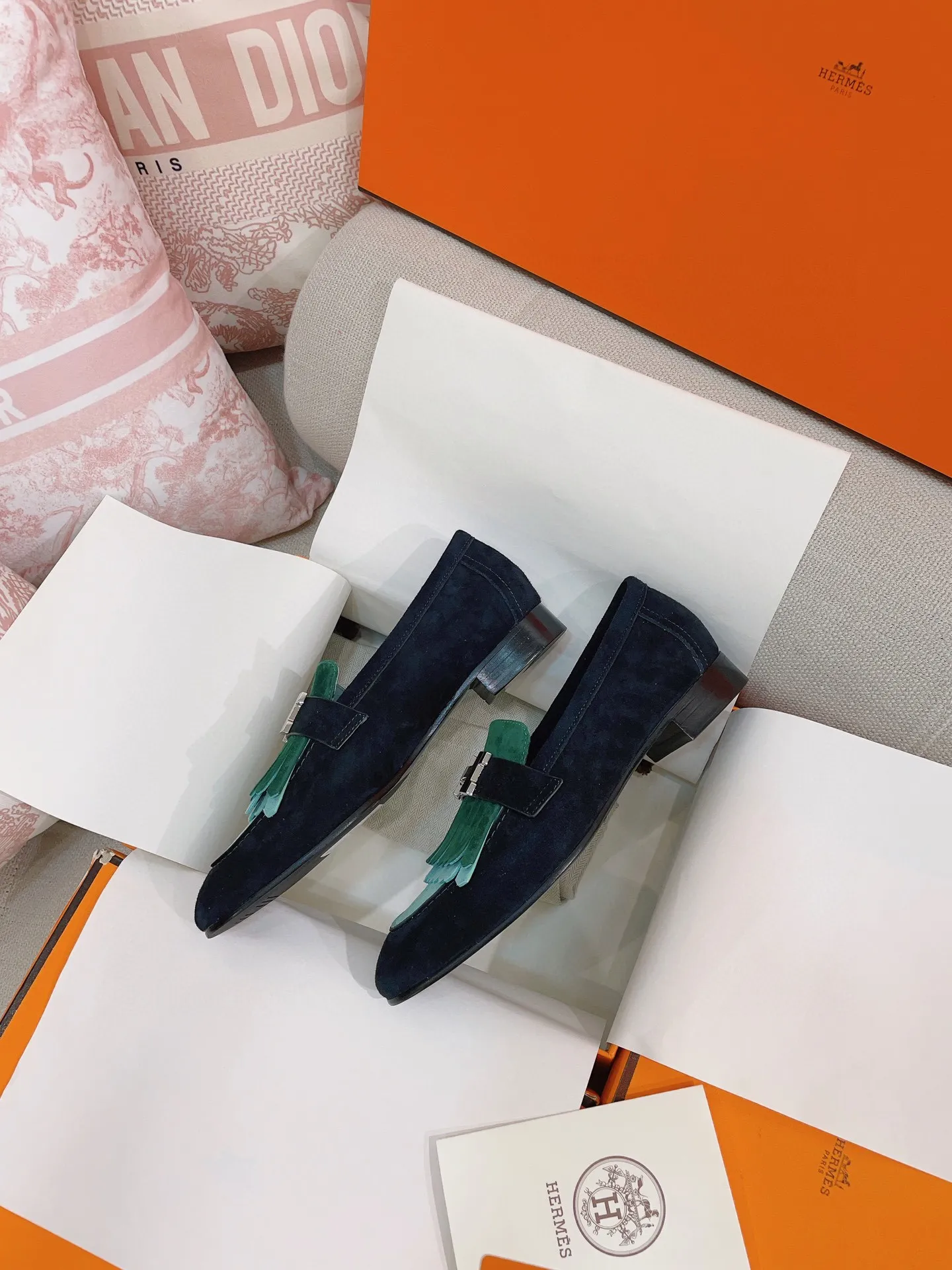 Hermes Women's Royal Loafers in Multicolor Suede Leather - HM079 Hermes Women's Royal Loafers in Multicolor Suede Leather