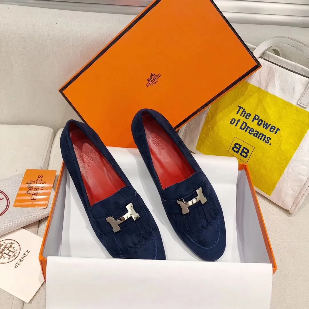 Hermes Women's Royal Loafers In Blue Suede Leather - HM088 Hermes Women's Royal Loafers In Blue Suede Leather