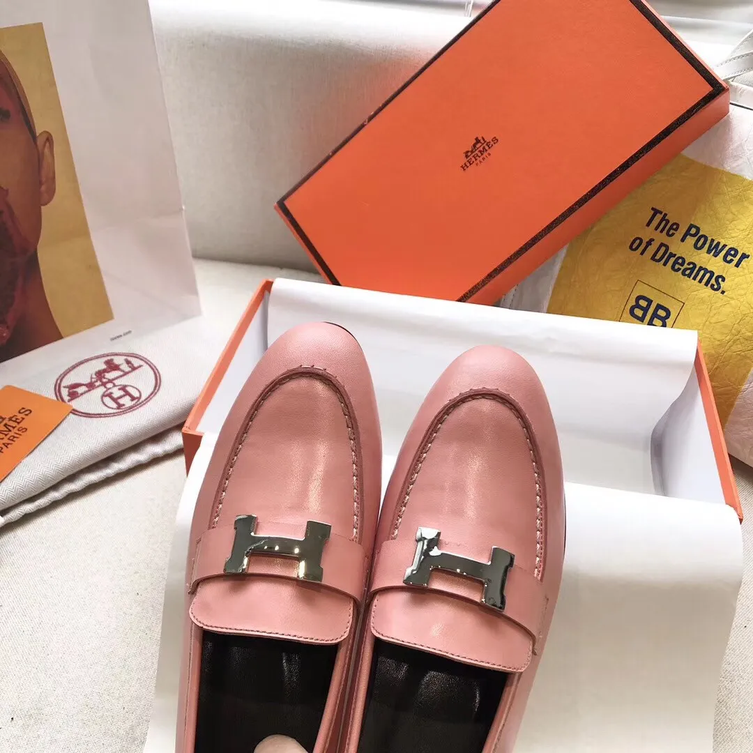 Hermes Women's Paris Loafers In Pink Goatskin - HM083 Hermes Women's Paris Loafers In Pink Goatskin