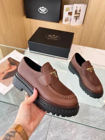 Prada Women's Double Chocolate Loafers in Cognac Leather - PRL013 Prada Women's Double Chocolate Loafers in Cognac Leather