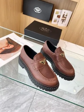 Prada Women's Double Chocolate Loafers in Cognac Leather - PRL013 Prada Women's Double Chocolate Loafers in Cognac Leather