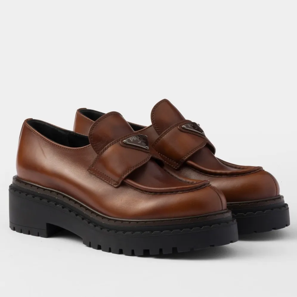Prada Women's Double Chocolate Loafers in Cognac Leather - PRL013 Prada Women's Double Chocolate Loafers in Cognac Leather