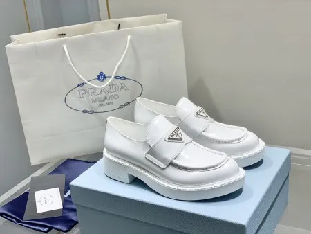 Prada Women's Loafers In White Brushed Leather - PRL003 Prada Women's Loafers In White Brushed Leather