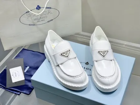 Prada Women's Loafers In White Brushed Leather - PRL003 Prada Women's Loafers In White Brushed Leather